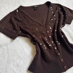 y2k cropped brown sequin top with button up front